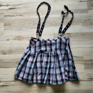 Hot Topic Pink Black Plaid Pleated Grommet Suspender Grunge Punk Mini Skirt Sz M